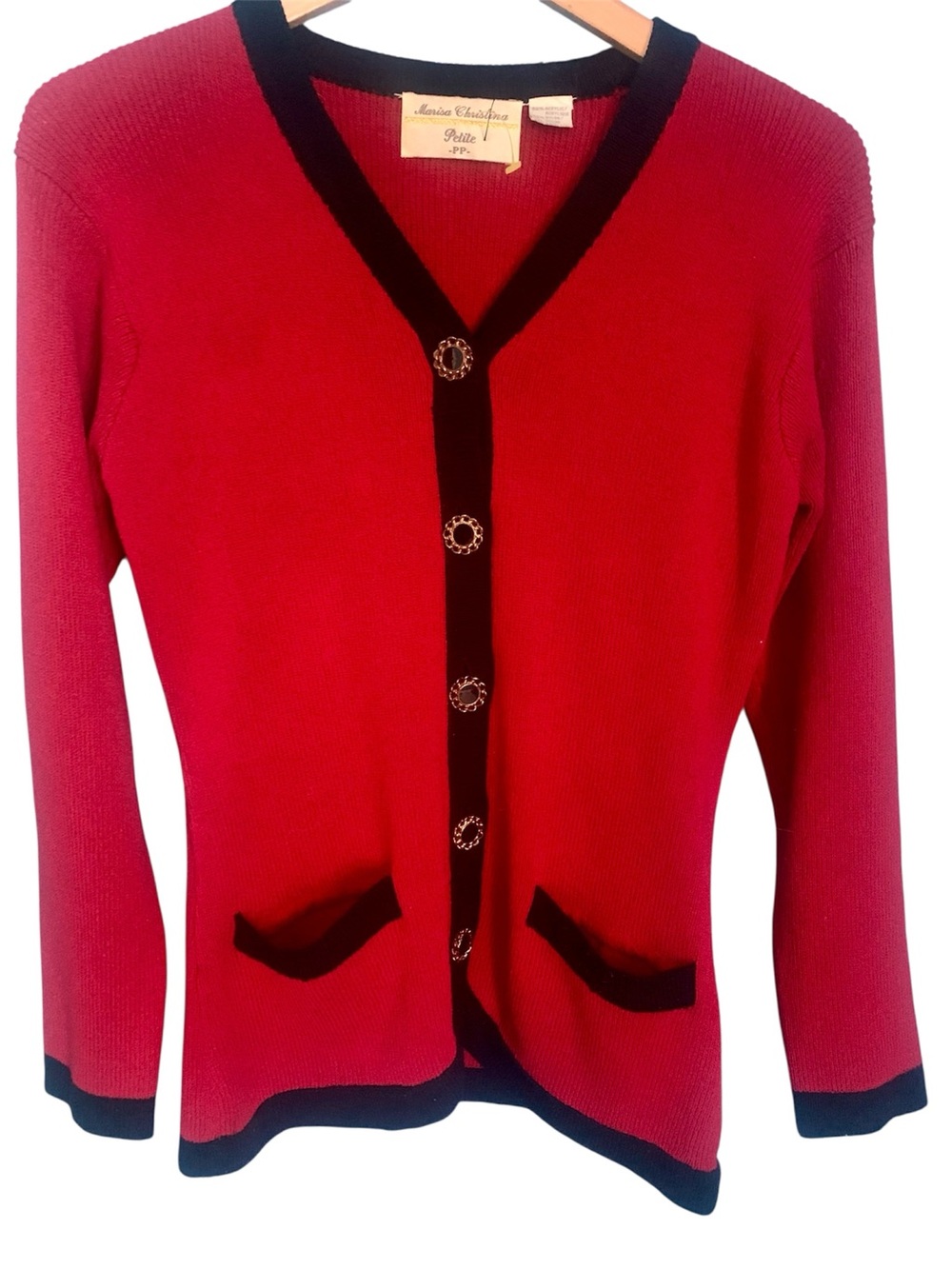 Vintage Marisa Christina Red Knit Black Trim Cardigan Sweater Classic Preppy